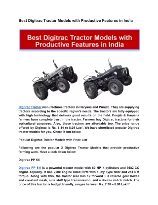 Best Digitrac Tractor Models with Productive Features in India