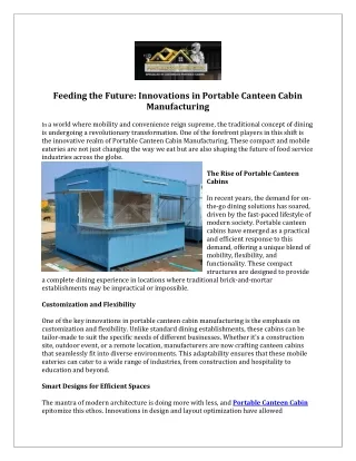 Feeding the Future Innovations in Portable Canteen Cabin Manufacturing